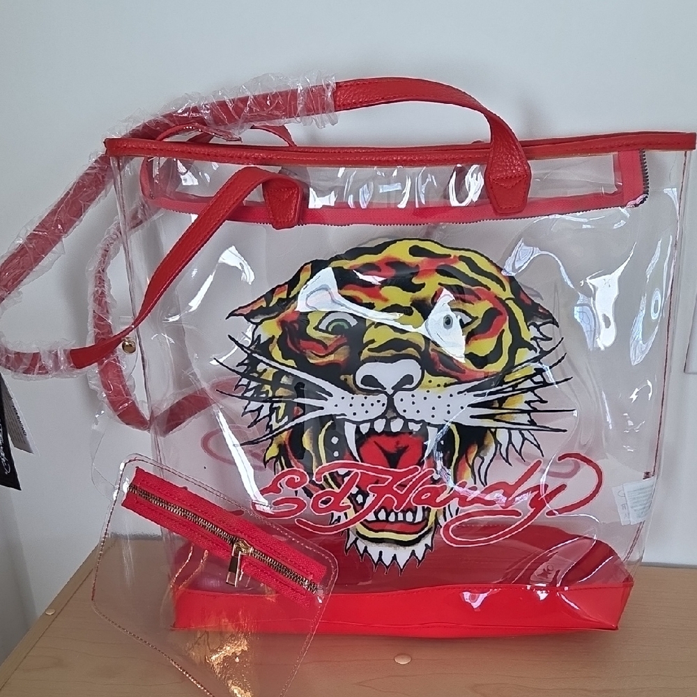 Ed Hardy NWT Transparent Tote w/Red & Yellow Tiger Design & Matching Pouch